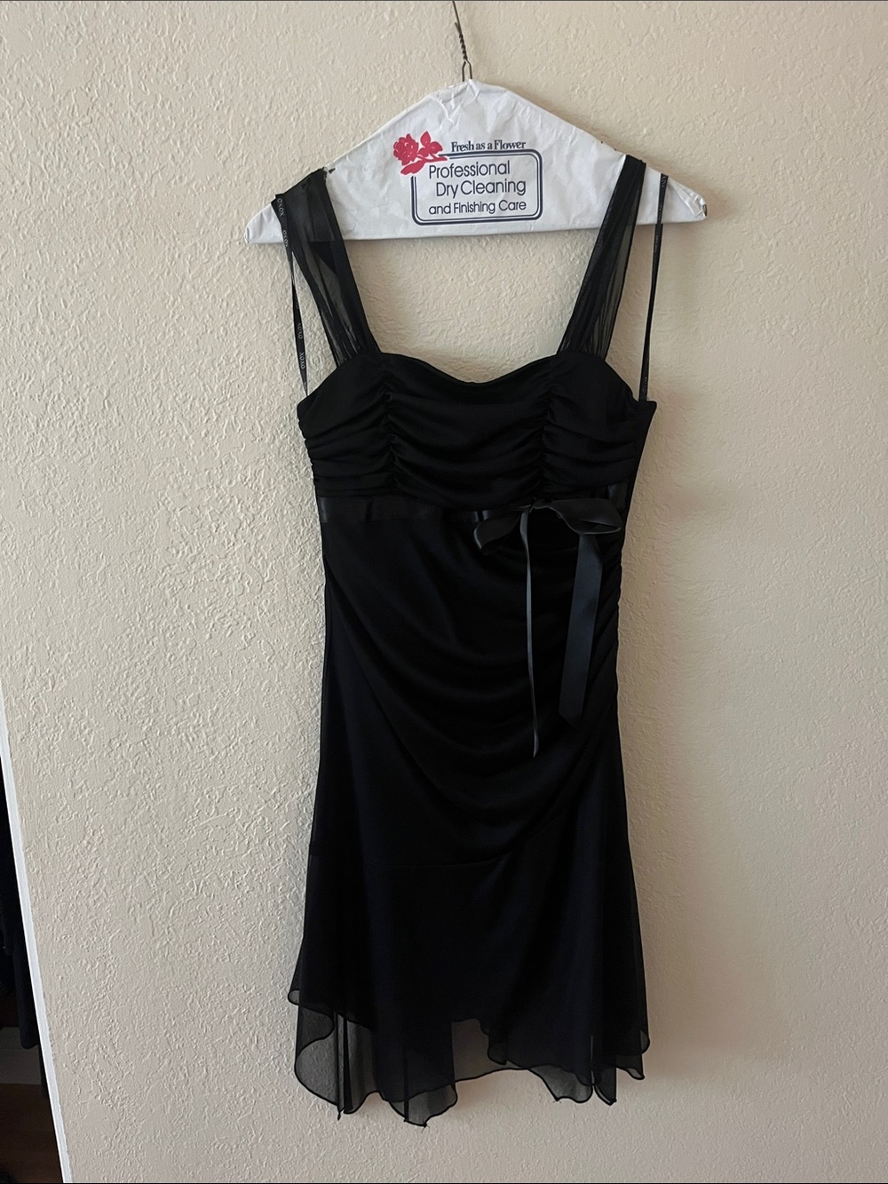 XOXO Black Chiffon Ruched Cocktail Dress with Ribbon Detail